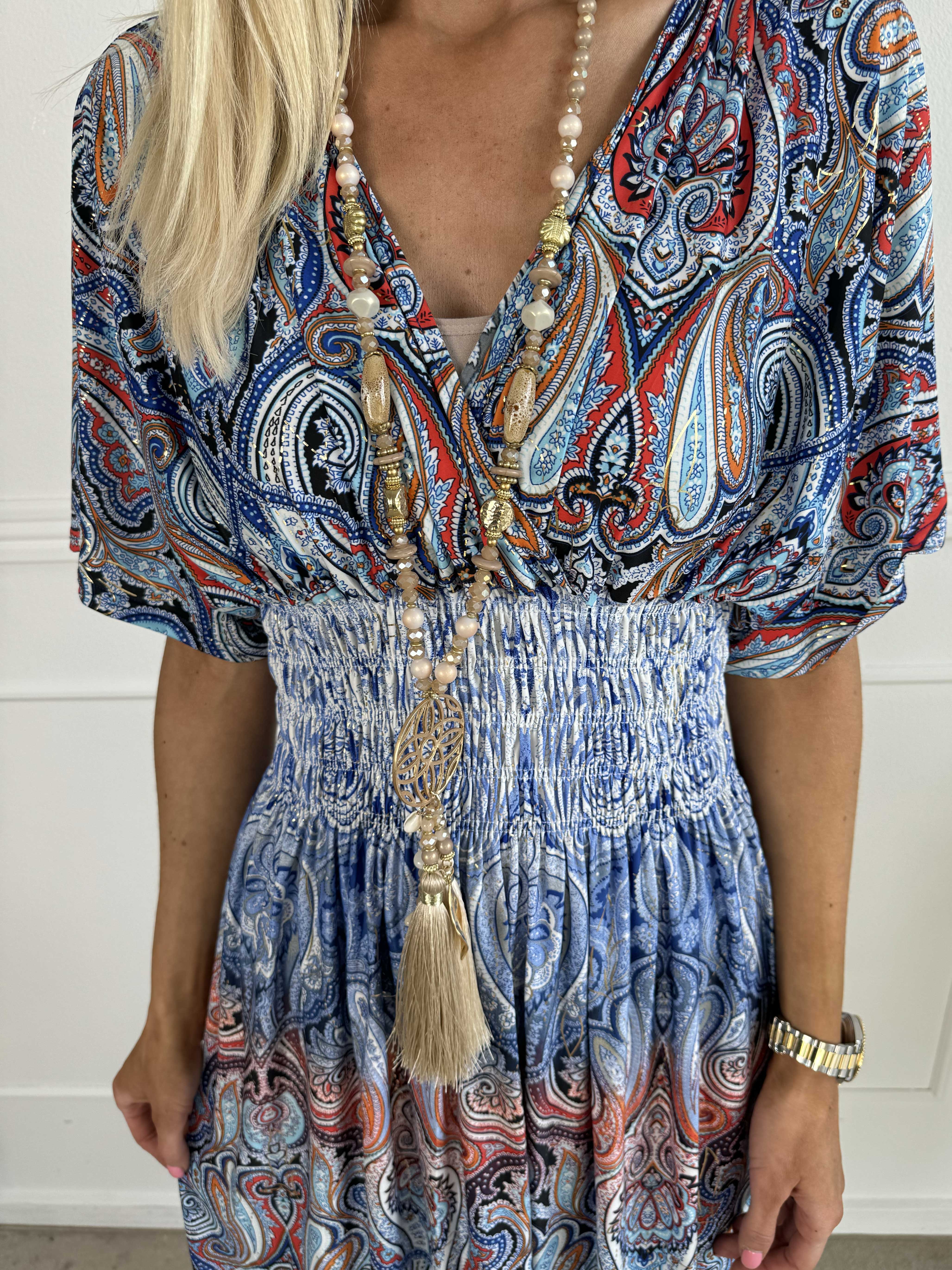 Pams Paisley short S/S - Mönstrad elastisk klänning med smock